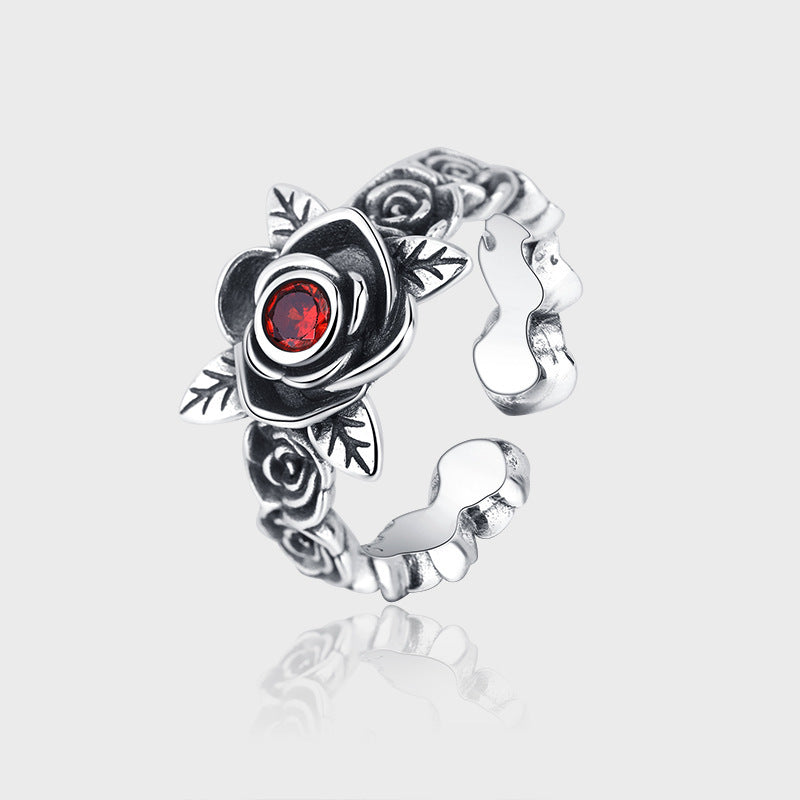 Enchanted Rose Adjustable Ring with Deep Red Accent