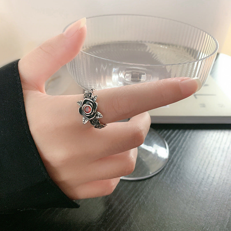 Enchanted Rose Adjustable Ring with Deep Red Accent