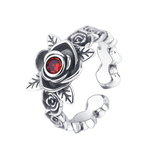 Enchanted Rose Adjustable Ring with Deep Red Accent